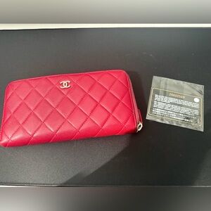 Chanel Red Caviar Classic Long Zipped Wallet Silver Hardware & authenticity card